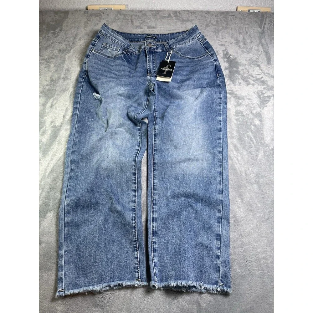 Flamingals NWT cropped raw hem womens jeans Large party festival retail $59 - Picture 3 of 7